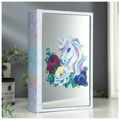 Шкатулка-книга дерево кожзам "Единорог и розы" зеркало 26х17,5х5 см 4785042 Сима ленд