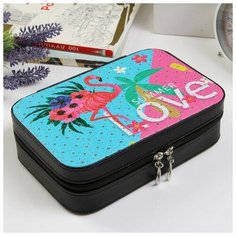 Шкатулка кожзам для украшений "Фламинго и пальма" с блёстками 6,5х21х14 см 4320050 Сима ленд