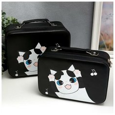 Шкатулка кожзам для косметики "Пятнистый кот" чемодан н-р 2 шт 8,5х15,5х23, 11х18,5х24,5 см 508454 Сима ленд