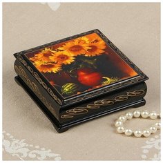 Шкатулка «Букет подсолнухов в вазе», 10×10 см, лаковая миниатюра 2431157 Сима ленд