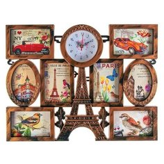 Часы настенные, серия: Фото, "Эйфелева башня", 8 фоторамок, под дерево, 55х42 см 3620982 Сима ленд