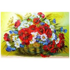 Алмазная живопись 40х50 "Корзина полевых цветов", круглые стразы, на подрамнике. Галеон