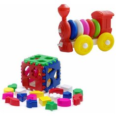 Набор развивающий: Игрушка "Кубик логический большой" арт. 40-0010 + Конструктор-каталка "Паровозик" арт. К-004 Karolina Toys