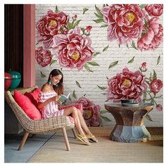 Фотообои Розовые пионы на белой кирпичной стене/ Красивые уютные обои на стену в интерьер комнаты/ 3Д расширяющие пространство/ На кухню в спальню детскую зал гостиную прихожую/ размер 300х270см/ Флизелиновые