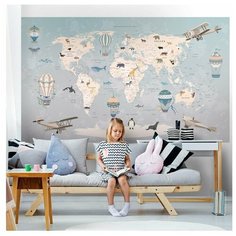 Фотообои Карта путешественника для детей с животными, самолетами и воздушными шарами/ Красивые уютные обои на стену в интерьер комнаты/ Детские для мальчика для девочки, для подростков/ В детскую спальню/ размер 300х180см над кроватью/ Флизелиновые