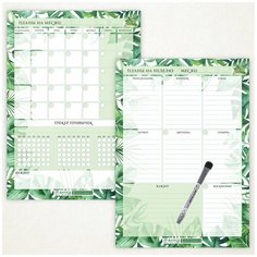 Планер магнитный 2 в 1, А3 - на месяц с трекером и важными заметками, А3 - на неделю с важными делами, маркер с магнитом и стирателем, тропические листья, Дарите подарок, planner_tropical_leaves_А3х2_2.21 ДАРИТЕПОДАРОК.РФ