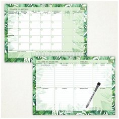 Планер магнитный 2 в 1, А3 - на месяц с трекером, А3 - на неделю с важными заметками, маркер с магнитом и стирателем, тропические листья, Дарите подарок, planner_tropical_leaves_А3х2_2.36 ДАРИТЕПОДАРОК.РФ