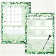 Планер магнитный 2 в 1, А3 - на месяц и неделю с важными делами, А3 - трекер привычек, маркер с магнитом и стирателем, тропические листья, Дарите подарок, planner_tropical_leaves_А3х2_2.16 ДАРИТЕПОДАРОК.РФ