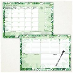 Планер магнитный 2 в 1, А3 - на месяц с трекером, А3 - на неделю с важными заметками, маркер с магнитом и стирателем, тропические листья, Дарите подарок, planner_tropical_leaves_А3х2_2.35 ДАРИТЕПОДАРОК.РФ