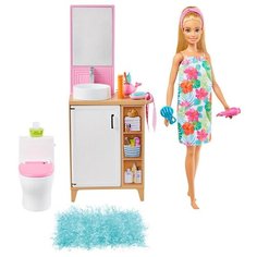 Кукла Mattel Barbie Блондинка в ванной с раковиной и туалето