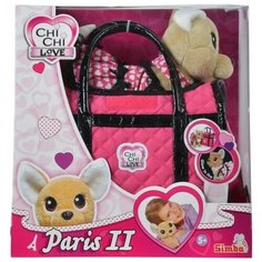 Плюшевая собачка Chi-Chi love Париж 2 в платье, светящемся в темноте, с сумкой, Simba (мягкая игрушка, 20 см)