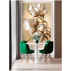 Фотообои Крупные дизайнерские 3D цветы на бежевом фоне/ Красивые уютные обои на стену в интерьер комнаты/ 3Д расширяющие пространство над кроватью или над столом/ На кухню в спальню детскую зал гостиную прихожую/ размер 129х200см/ Флизелиновые