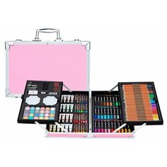 Набор для рисования Goodly "Чемодан творчества" с красками, в алюминиевом чемоданчике, 145 предметов, цвет: розовый