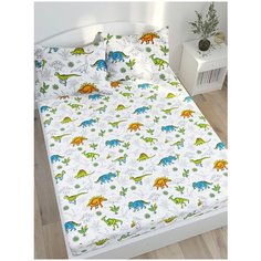 Простыня Сказка Динозавры, перкаль, 150 х 215 см, белый/зеленый