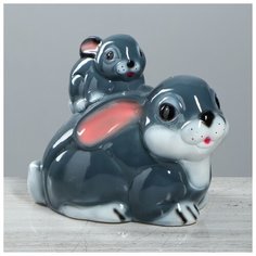 Копилка "Зайчиха с зайчонком", глянец, серая, 24 см 193355 Керамика ручной работы