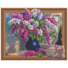 Алмазная мозаика "Сирень и кошечка", 40x50 см