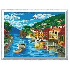 Алмазная мозаика с нанесенной рамкой 40х50 городок на заливе (28 цветов) - KM0634 Molly