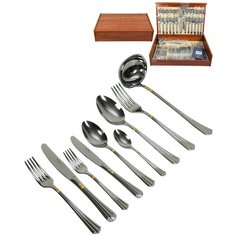Набор столовых приборов Bernini Gold PintInox на 12 персон 75 предметов в деревянном ящике