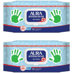 AURA Влажные антибактеральные салфетки 72шт (2 уп в наборе)