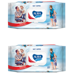 AURA Влажные салфетки д/всей семьи с антибактериальным эффектом в ассорт Family 120 шт (2 уп в наборе)