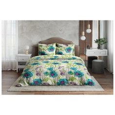 Постельное белье "Ночь нежна" из поплина; Маки голубой; размер 2.0 евро простыня наволочки 70 х 70