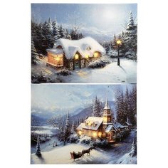Светящееся настенное панно ЗИМНИЕ СУМЕРКИ - ДОМ, ФОНАРЬ (большое) с LED огнями, 40х60 см, Kaemingk