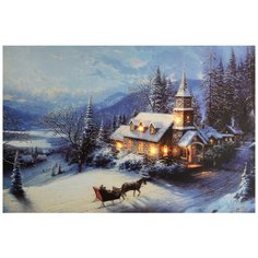 Светящееся настенное панно зимние сумерки - церковь, сани с LED огнями, 30х40 см, Kaemingk