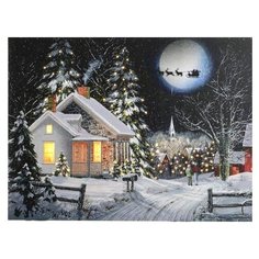 Светодиодное оптоволоконное настенное панно ВЕЧЕРНЕЕ ВОЛШЕБСТВО - ЛУНА И УПРЯЖКА САНТЫ, 30х40 см, Kaemingk