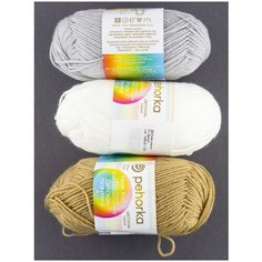 Пряжа "Детская новинка" (3 мотка), 50г., 200м, ПЕХОРКА, 08 светло-серый, 165 темно-бежевый, 01 белый