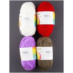 Пряжа "Детская новинка" 50г, 200м (4 мотка), ПЕХОРКА, 01 Белый, 06 Красный, 389 Св.Фиалковый, 187 Капучино