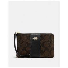 Женский кожаный кошелек Coach Corner Zip Wristlet In Signature Canvas Brown/Black/Light Gold