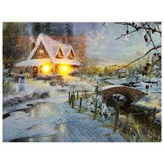 Светящаяся картина снеговик У домика, 2 тёплых белых LED-огня, 20х15 см, Peha Magic