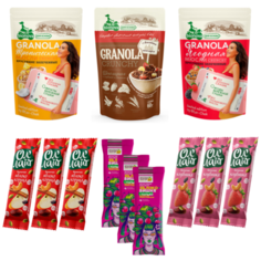 Мюсли запеченные Гранола Bionova 60г*3 шт. в ассортименте, Фруктово-ореховый батончик "Клубника" ОлЛайт 30 г*3 шт., Фруктово-ореховый батончик "Яблоко-корица" ОлЛайт 30 г*3 шт., Пастила фруктовая "Яблоко-вишня" Фруктовая Энергия 30 г*3 шт.
