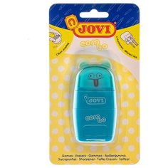 Точилка пластиковая с ластиком JOVI "Combo", 2 отверстия, контейнер, ассорти, блистер