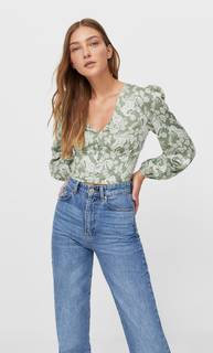 Stradivarius Блуза С Принтом И V-Образным Вырезом Зеленый S