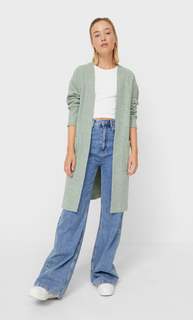 Stradivarius Длинный Кардиган Крупной Вязки Зеленый Xl