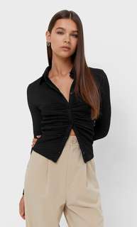 Stradivarius Трикотажная Рубашка Со Сборкой Черный Xl