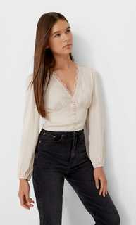 Stradivarius Атласная Блуза С V-Образным Вырезом Цвет Камня Xs
