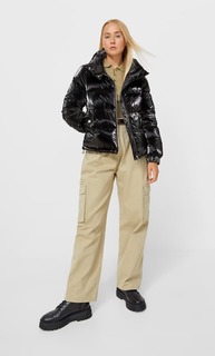 Stradivarius Пуховик Из Блестящей Ткани Черный Xl