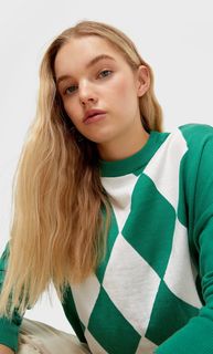 Stradivarius Свитер Оверсайз С Узором “Ромбы” Зеленый Xl