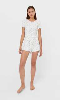 Stradivarius Пижамные Шорты В Тонкий Рубчик С Пуговицами Синий S