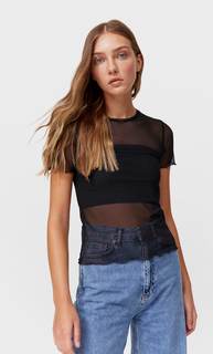Stradivarius Футболка Из Прозрачной Ткани Черный Xs