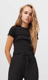 Stradivarius Лонгслив С Волнистыми Кромками Черный Xl