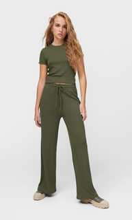 Stradivarius Лонгслив С Волнистыми Кромками Хаки Xl