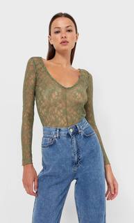 Stradivarius Боди С Кружевной Отделкой Хаки S