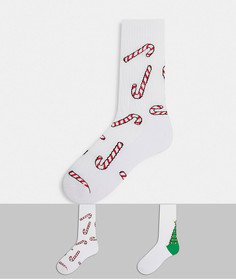 Набор из 2 пар спортивных носков с рисунком новогодней елки и леденцовой трости ASOS DESIGN-Многоцветный