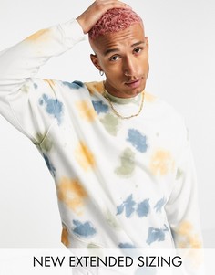 Бежевый oversized-свитшот с эффектом тай-дай и принтами смайлика на локтях ASOS DESIGN-Светло-бежевый цвет