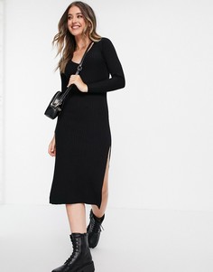 Трикотажное платье черного цвета в рубчик с V-образным вырезом ASOS DESIGN-Черный цвет