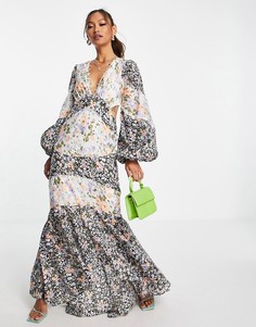 Платье макси с длинными рукавами, вырезами, пуговицами и комбинированным цветочным принтом ASOS DESIGN-Разноцветный