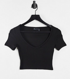 Черная приталенная футболка с V-образным вырезом в рубчик ASOS DESIGN Petite-Черный цвет